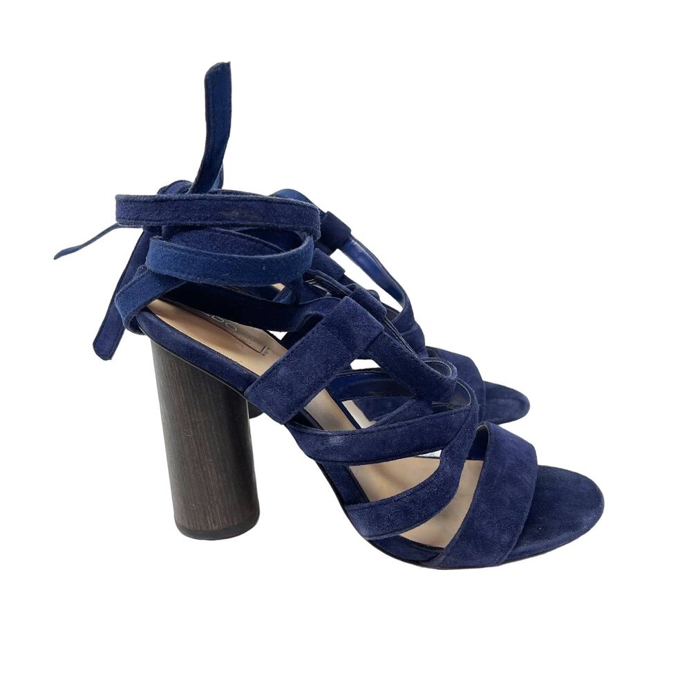 Aldo Womens 6.5 Navy Blue Lace Up Suede Heels 4" Round Wood Heels Open Toes